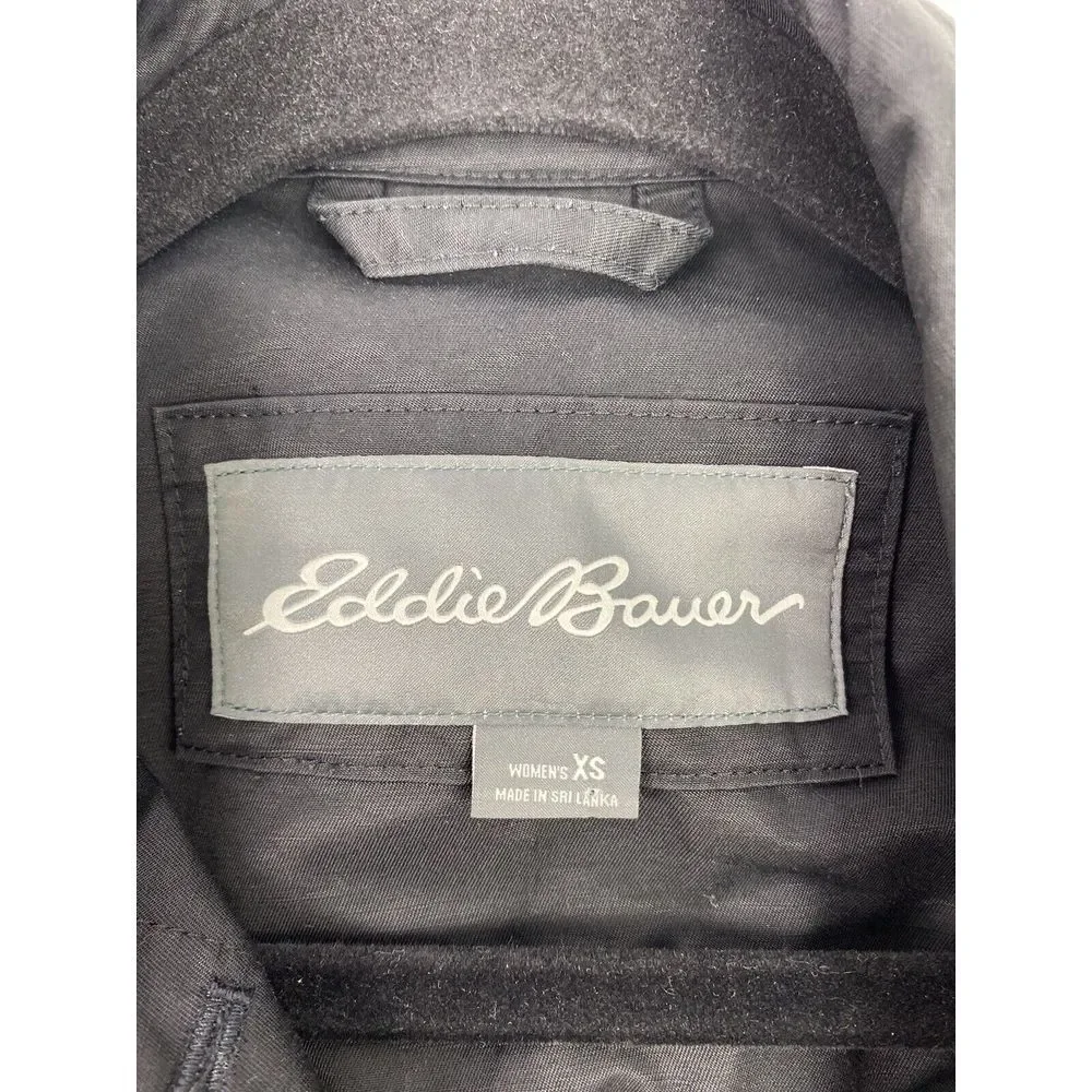 Eddie Bauer Women's XS Long Black Trench Style Raincoat Cotton Nylon‎